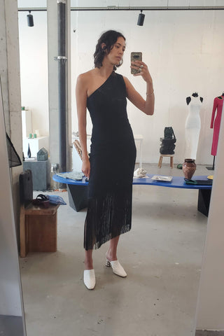 one shoulder fringe detail textured knit dress Six Stories One Shoulder asymmetric Fringe detail maxi Dress in White