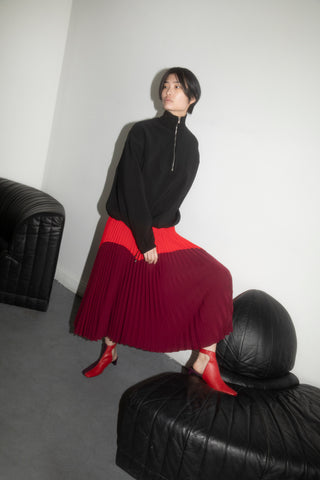 Red Mini Yoke Skirt With Circular Pleats, Custom Fit, Fully Lined