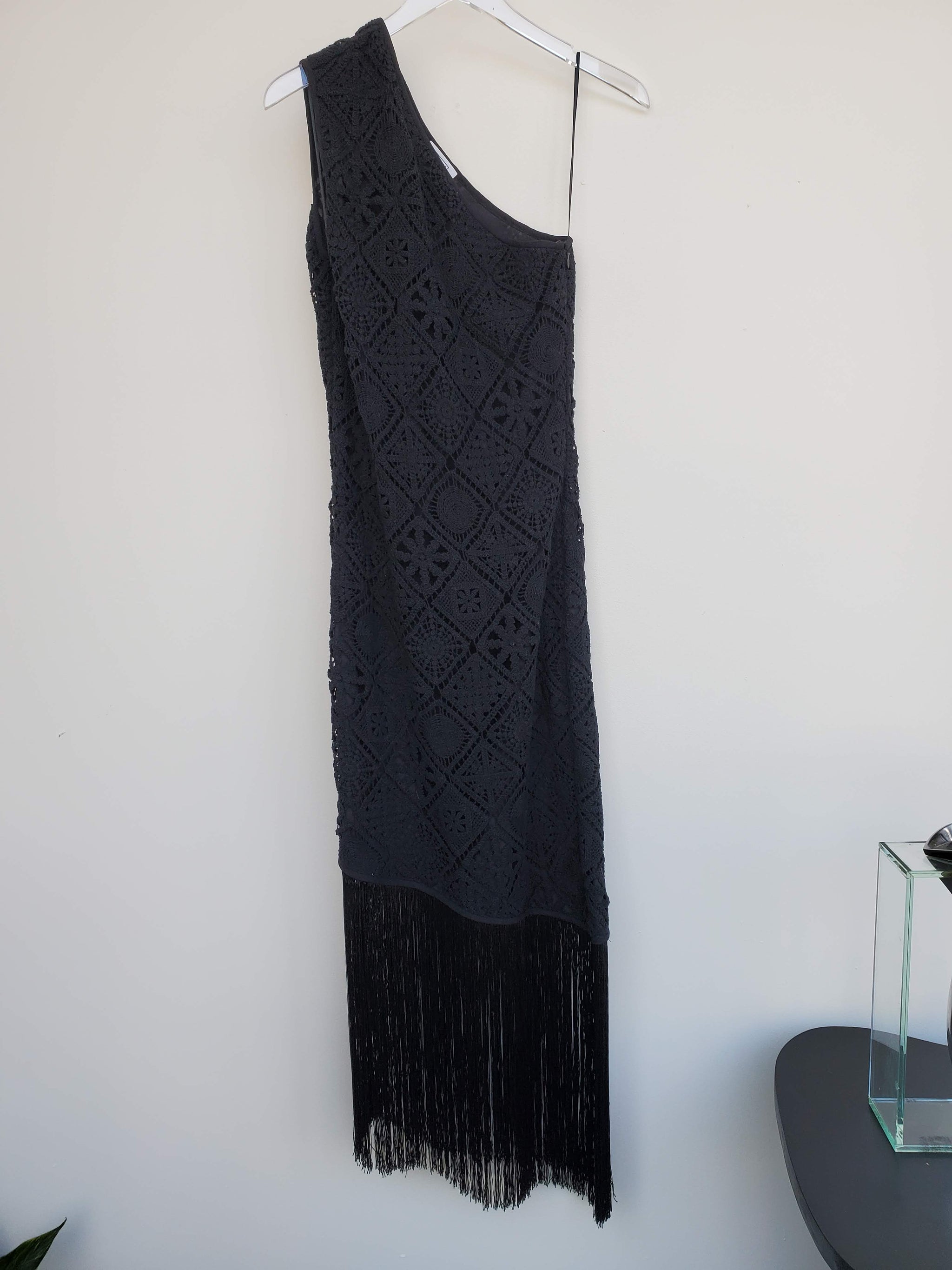 One Shoulder Crochet Fringe Dress - Black 8 One Shoulder Crochet Fringe Dress - Black 8
