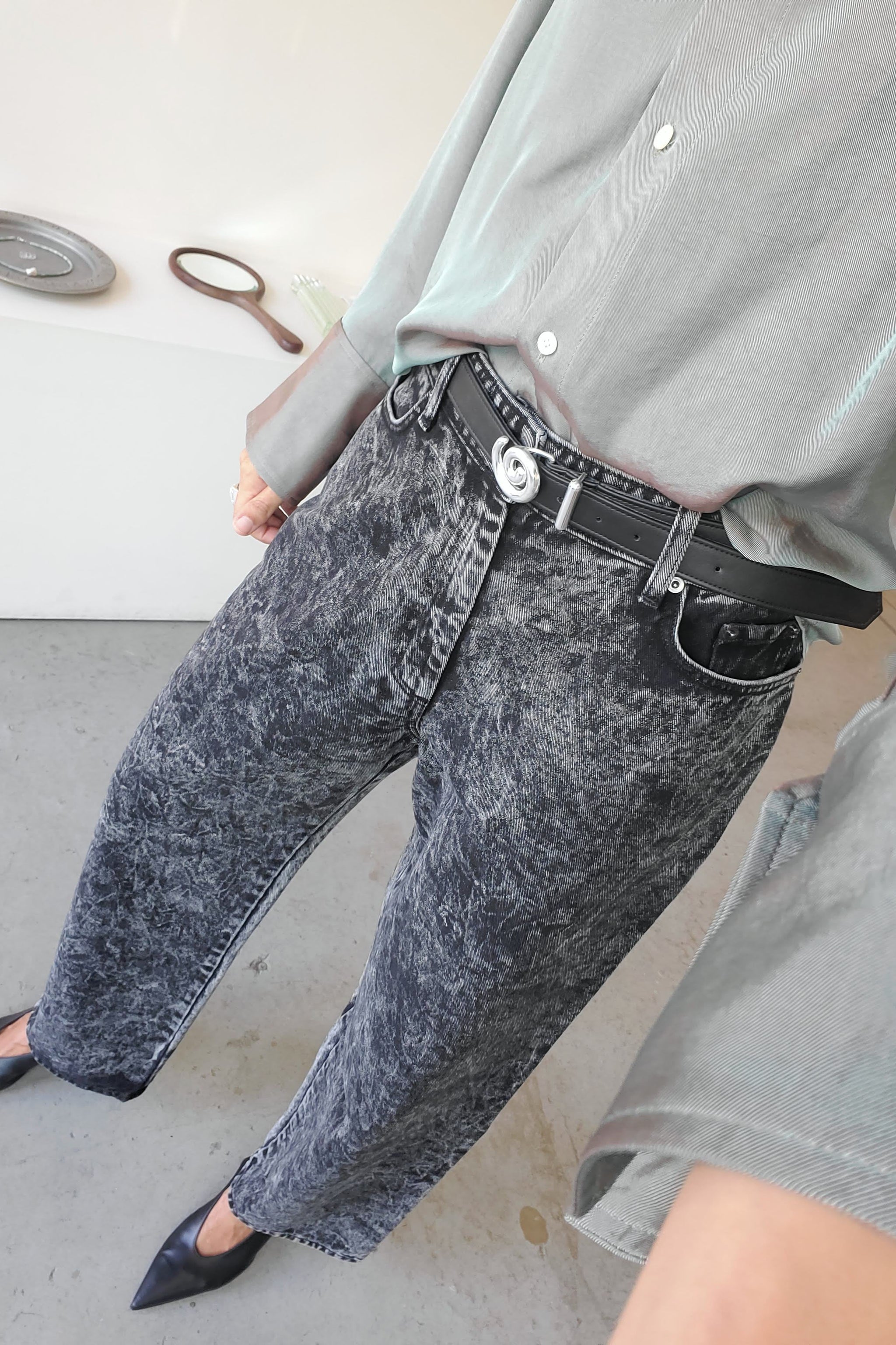 NOMIA Paneled Wide Leg Jeans in Stonewash