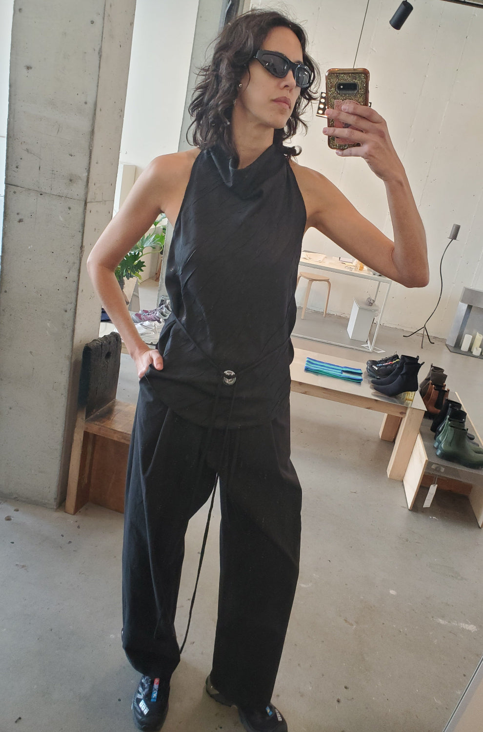 Sleeveless Halter w/ Tie - Black Creased Twill