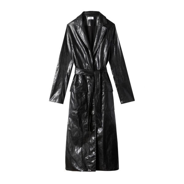 BELTED TRENCH COAT - BLACK FAUX LEATHER – NOMIA