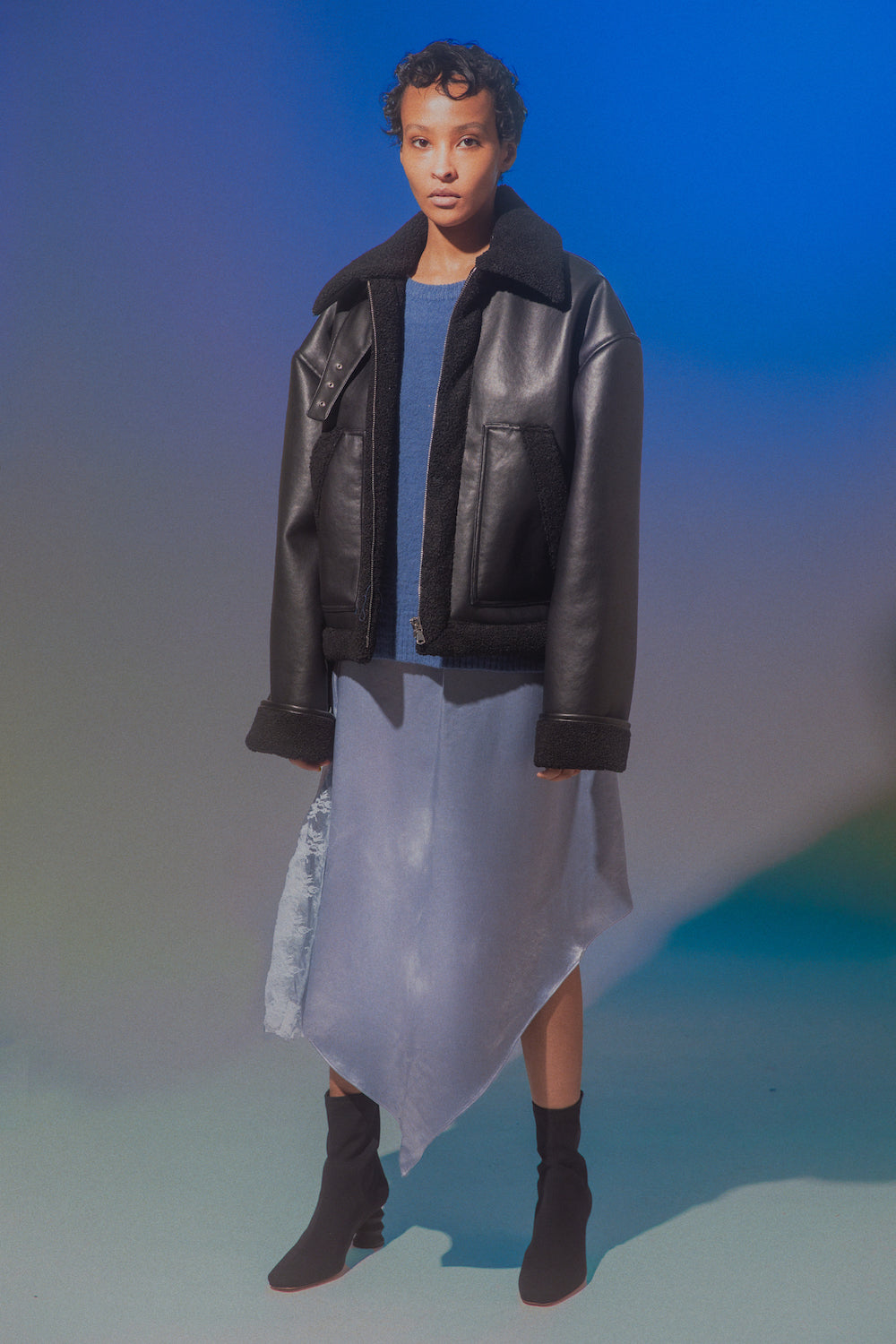 Cropped Faux Shearling Aviator Jacket Black black – NOMIA