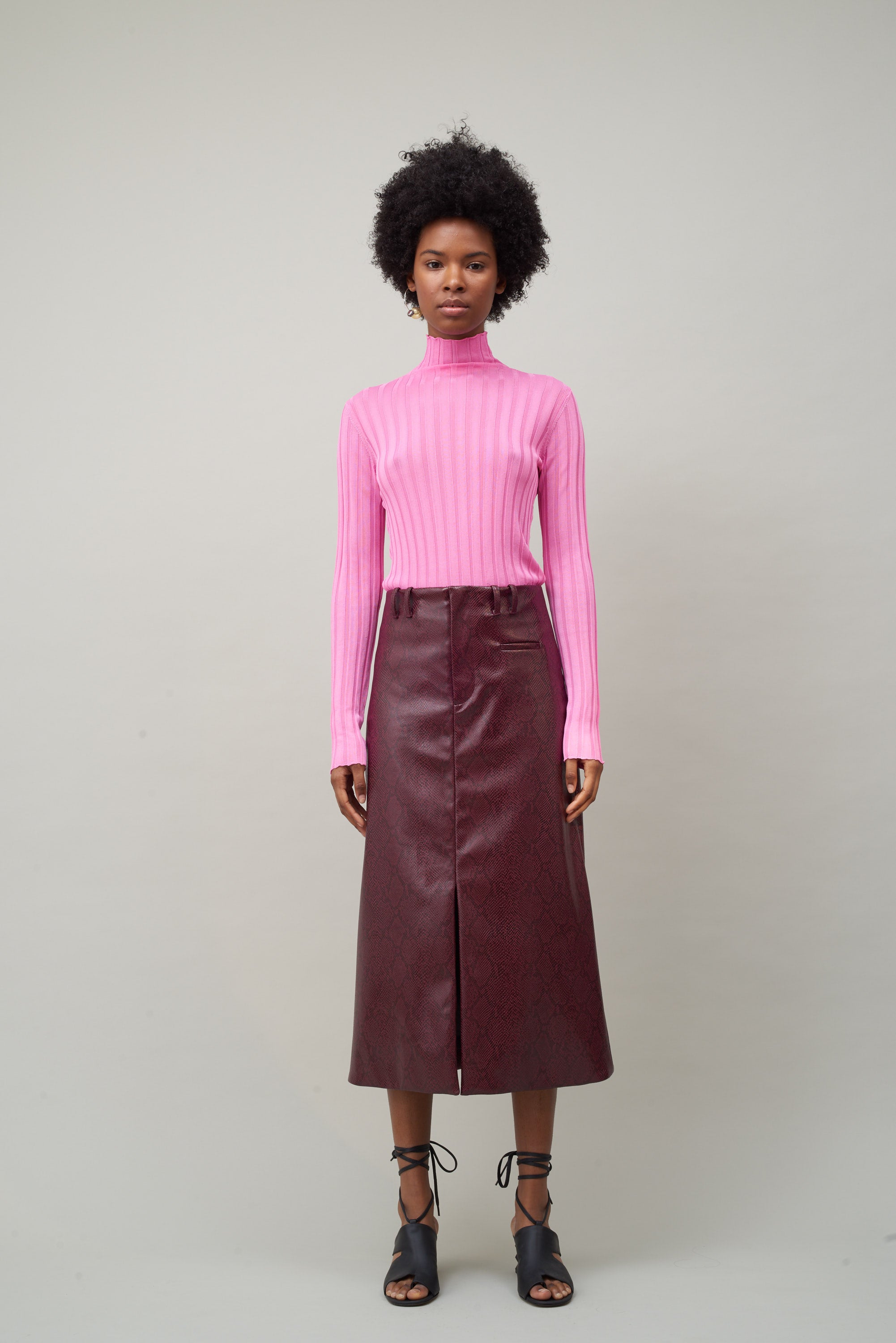 SLIT FRONT SKIRT - BURGUNDY FAUX SNAKESKIN – NOMIA