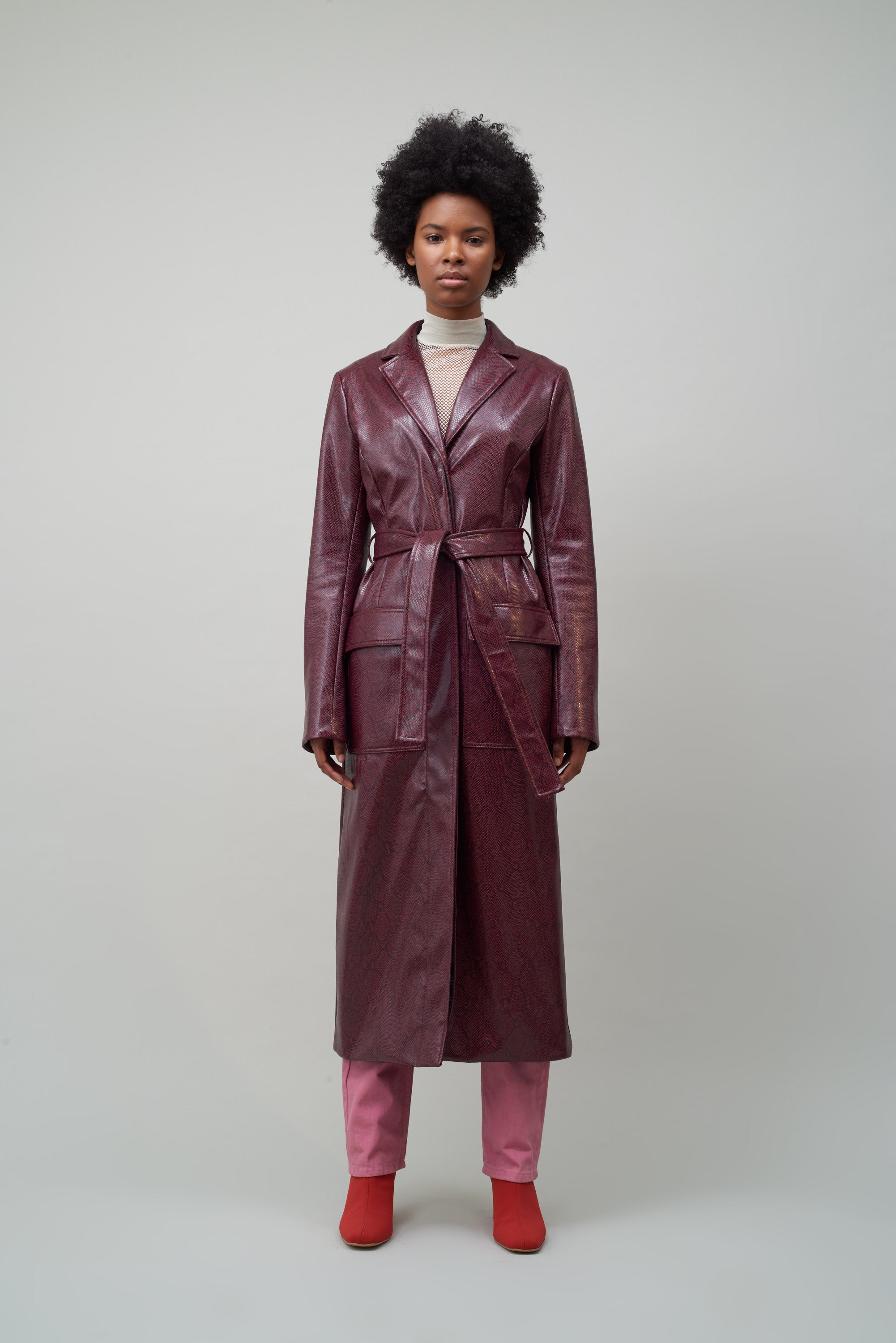 BELTED TRENCH COAT - BURGUNDY FAUX SNAKESKIN – NOMIA
